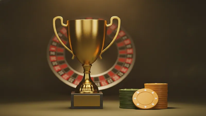 Rulet çarkının önünde duran altın kupa ve fiş yığınları: canlı casino haftalık turnuvası