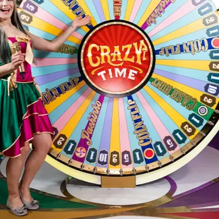 Crazy Time canlı casino oyunu kapak görseli, renkli çark ve sunucu