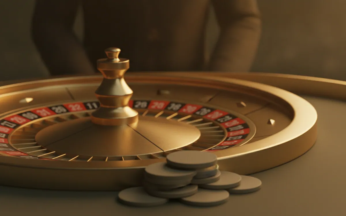 Canlı casino için rulet çarkı, bulanık krupiye silueti ve fişler