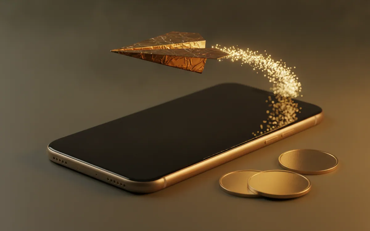 Telefondan çıkan altın folyo kağıt uçak ve kıvılcımlar