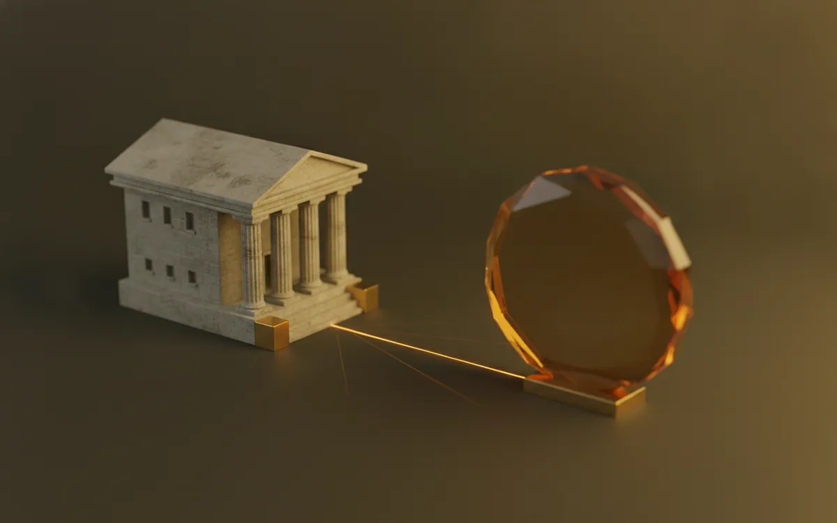 Banka binası ve kripto parayı birleştiren parlak ışık çizgisi