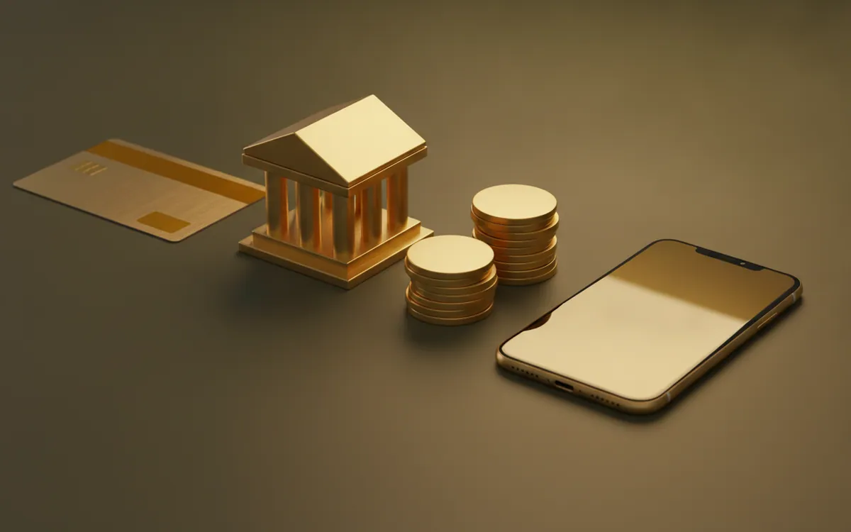 Banka kartı, banka binası, altın paralar ve telefon yan yana