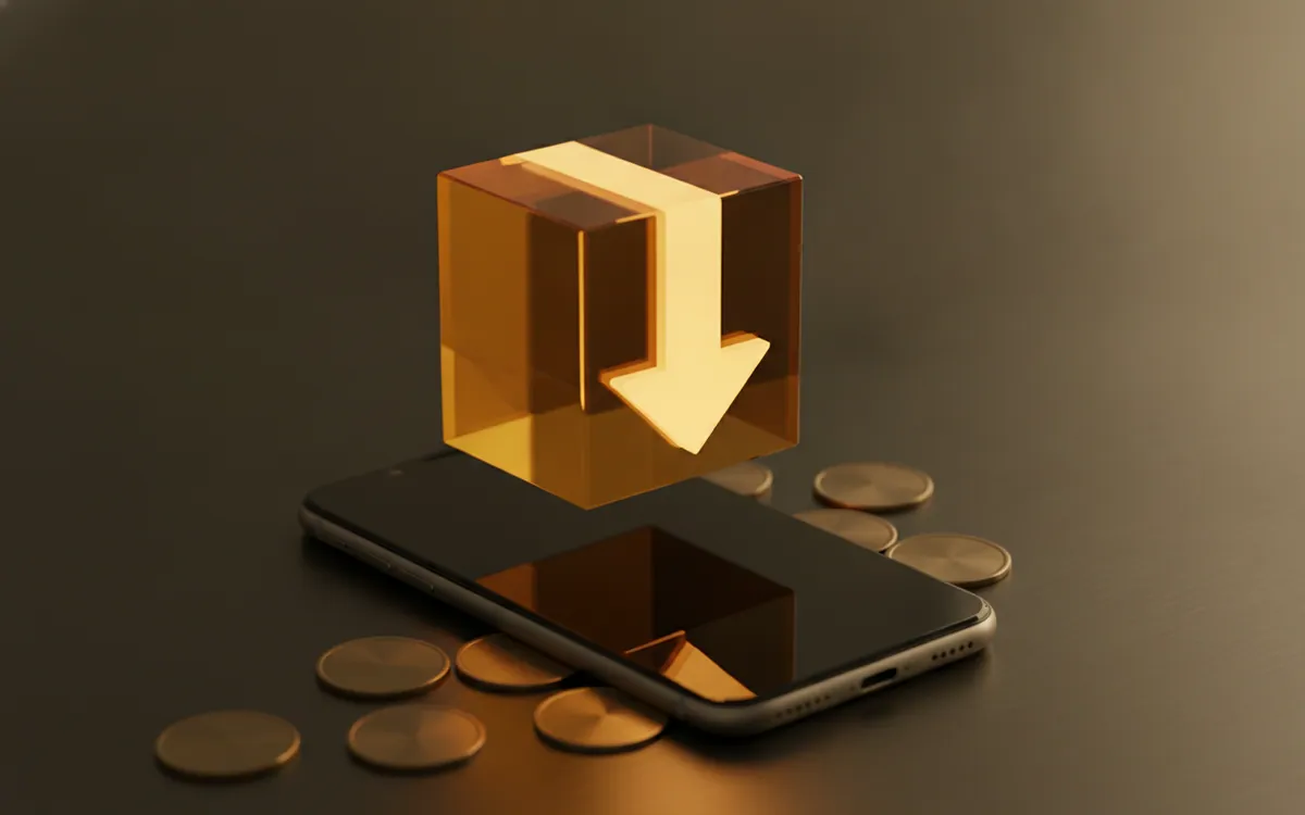 Telefonun üzerinde süzülen aşağı oklu amber paket