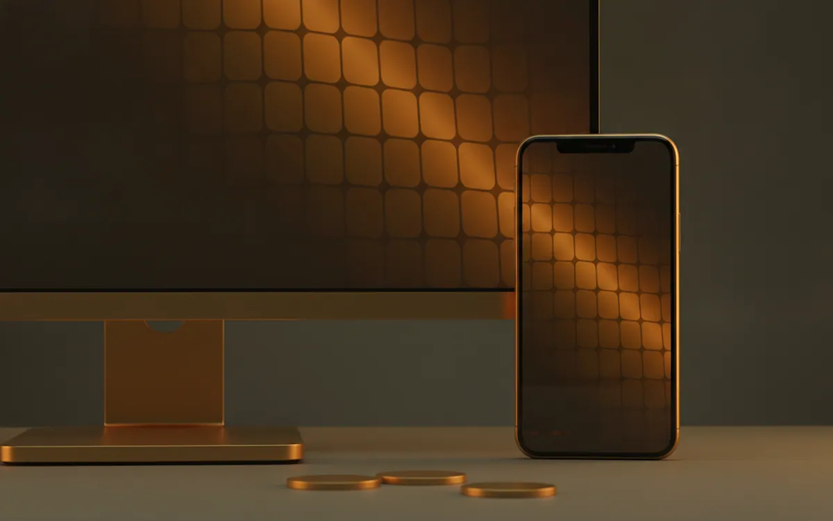 Aynı amber düzeni gösteren masaüstü monitör ve telefon