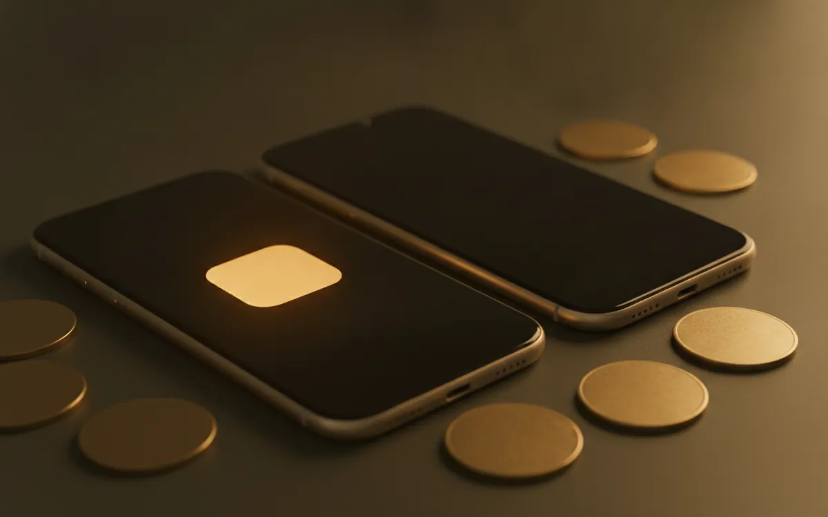 Yan yana iki telefon, birinde parlayan amber uygulama kutucuğu